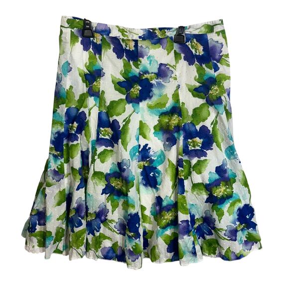 Dress Barn A-line Skirt 10  Floral Knee Length Blue Green Swiss Dot Lace Trim - Picture 1 of 5